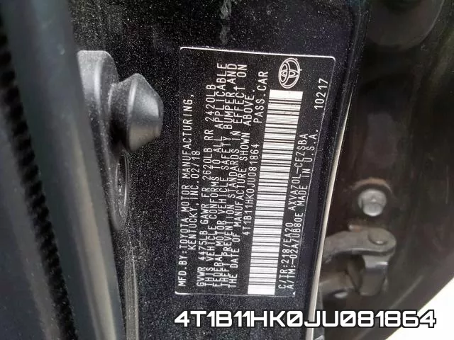 4T1B11HK0JU081864 фото 2