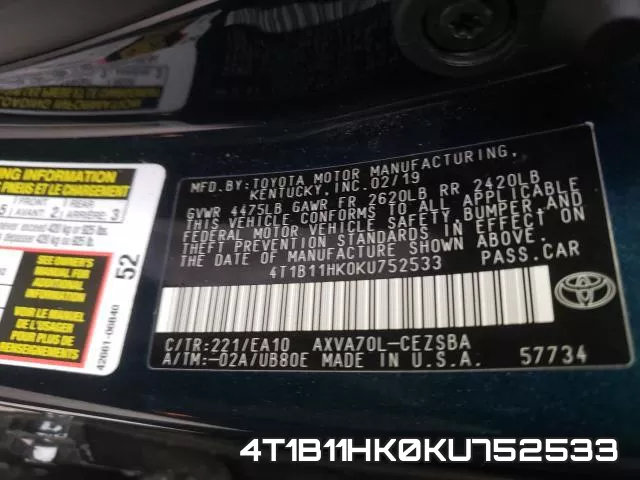4T1B11HK0KU752533 фото 2