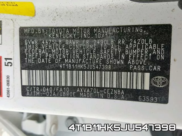 4T1B11HK5JU547398 фото 2