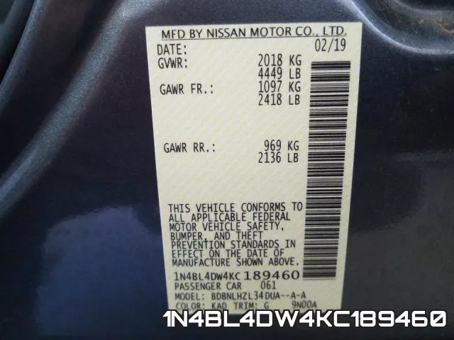 1N4BL4DW4KC189460 фото 2