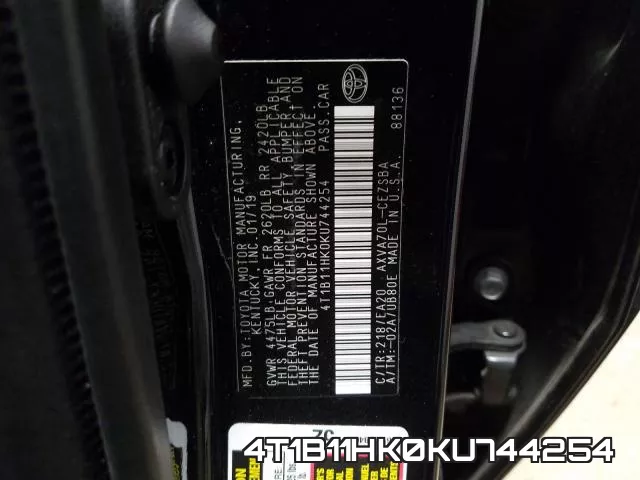 4T1B11HK0KU744254 фото 2