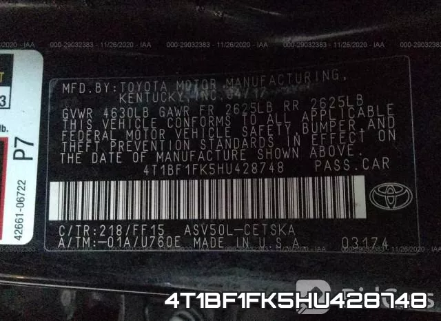 4T1BF1FK5HU428748 фото 10