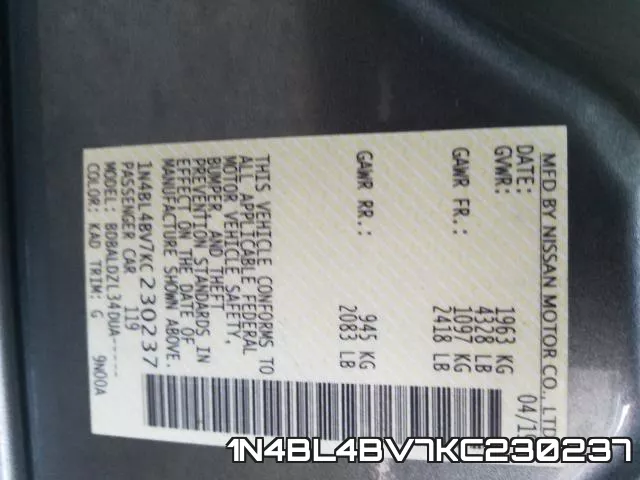 1N4BL4BV7KC230237 фото 2