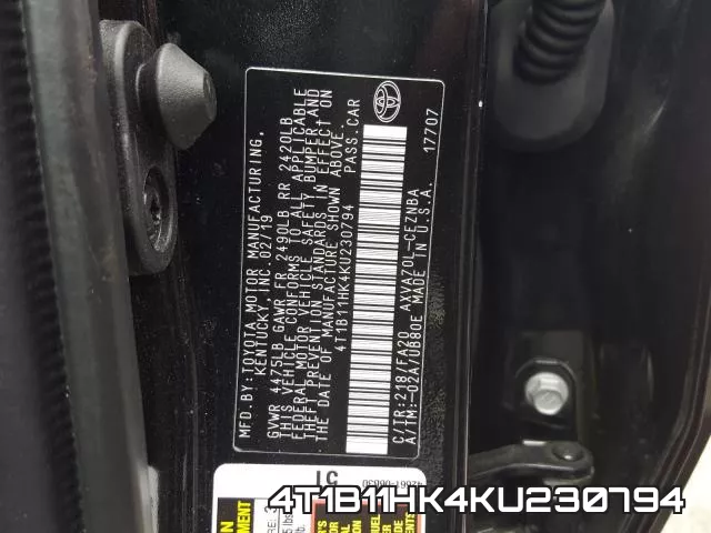 4T1B11HK4KU230794 фото 2