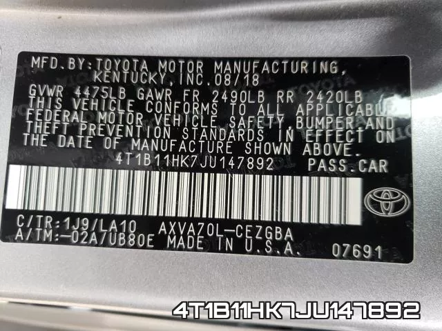4T1B11HK7JU147892 фото 2