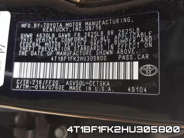 4T1BF1FK2HU305800 фото 2