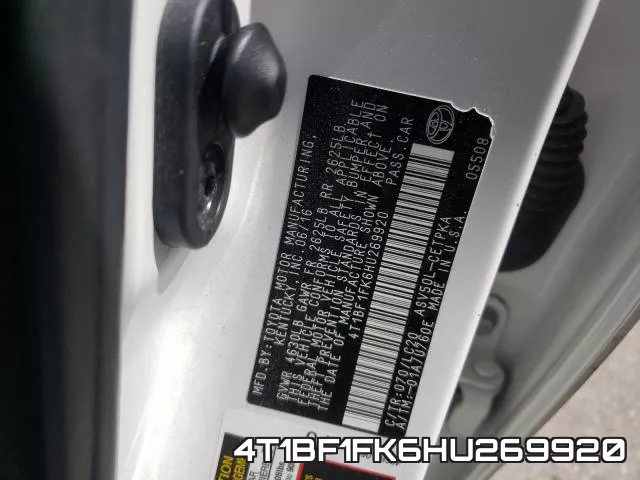 4T1BF1FK6HU269920 фото 2