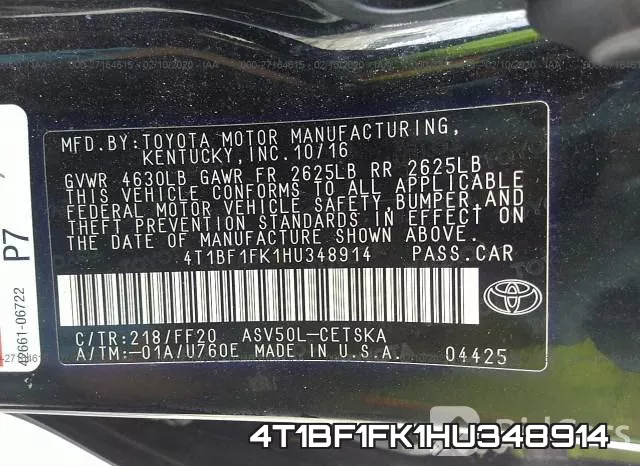 4T1BF1FK1HU348914 фото 10