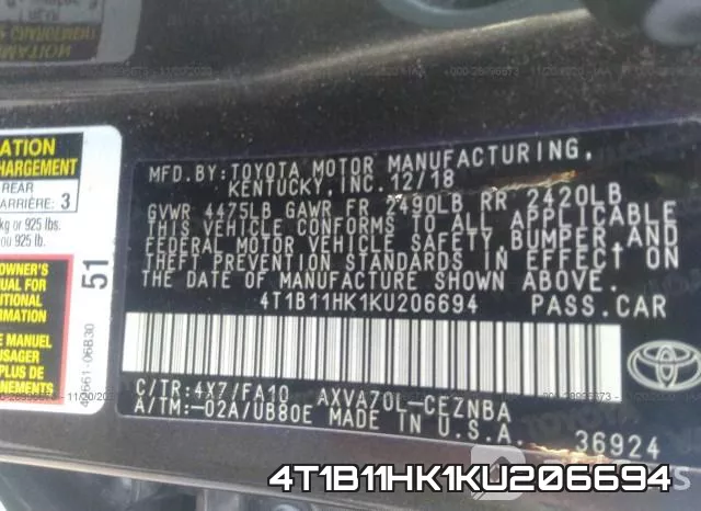 4T1B11HK1KU206694 фото 10