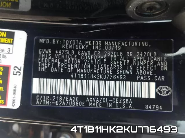4T1B11HK2KU776493 фото 2