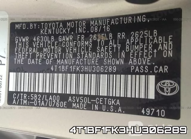4T1BF1FK3HU306289 фото 10