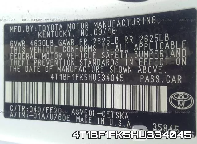 4T1BF1FK5HU334045 фото 10