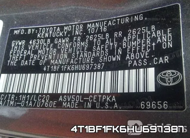 4T1BF1FK6HU697387 фото 10