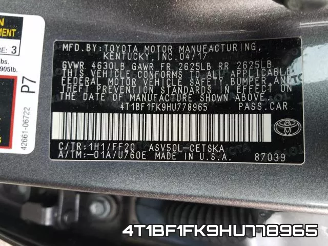 4T1BF1FK9HU778965 фото 2
