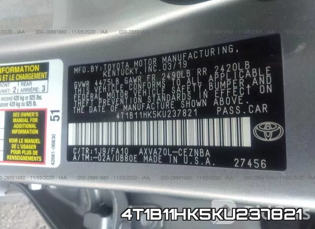 4T1B11HK5KU237821 фото 10