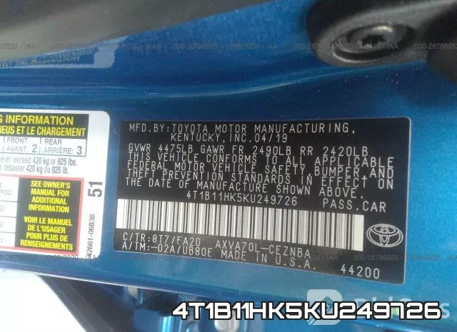 4T1B11HK5KU249726 фото 10
