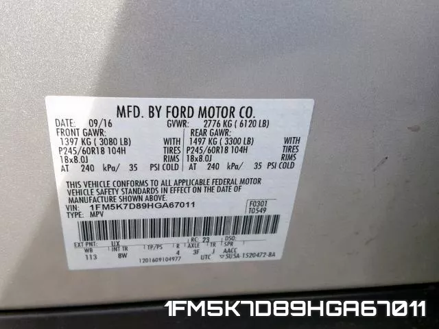 1FM5K7D89HGA67011 фото 2