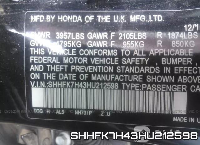 SHHFK7H43HU212598 фото 10