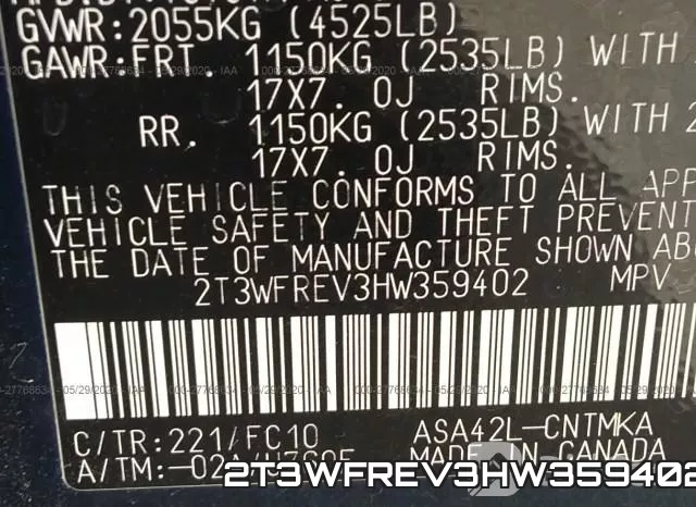 2T3WFREV3HW359402 фото 10