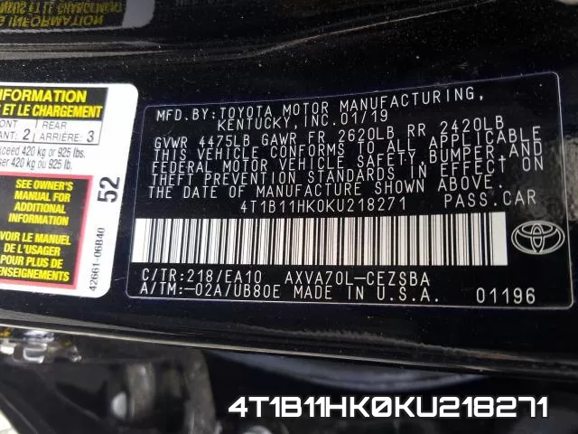 4T1B11HK0KU218271 фото 2