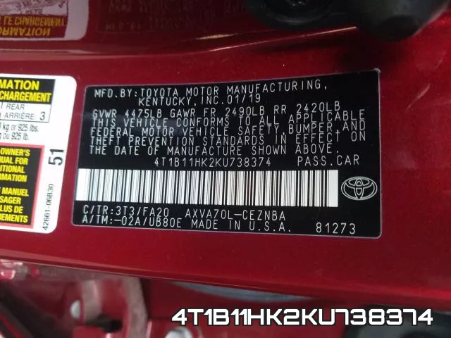 4T1B11HK2KU738374 фото 2