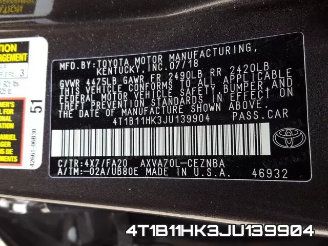4T1B11HK3JU139904 фото 2
