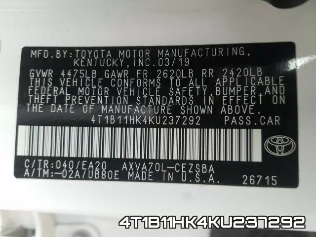 4T1B11HK4KU237292 фото 2