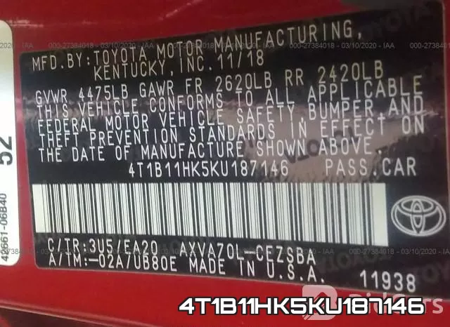 4T1B11HK5KU187146 фото 10