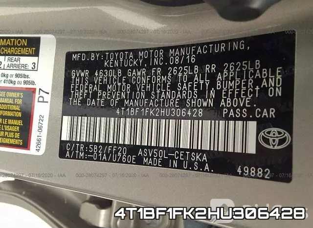 4T1BF1FK2HU306428 фото 10
