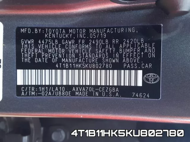 4T1B11HK5KU802780 фото 2