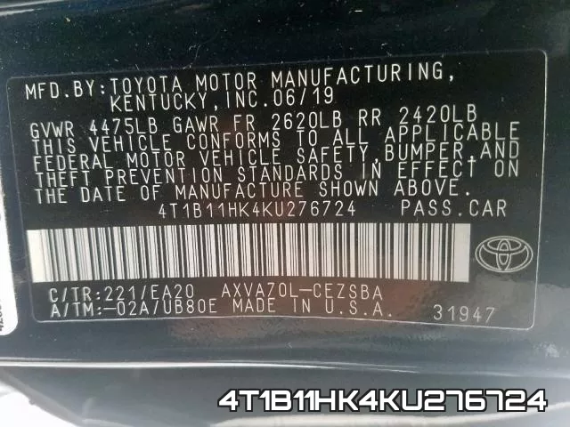 4T1B11HK4KU276724 фото 2