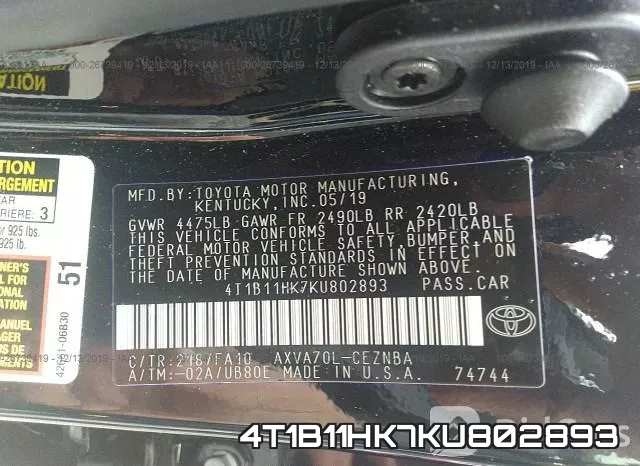 4T1B11HK7KU802893 фото 10