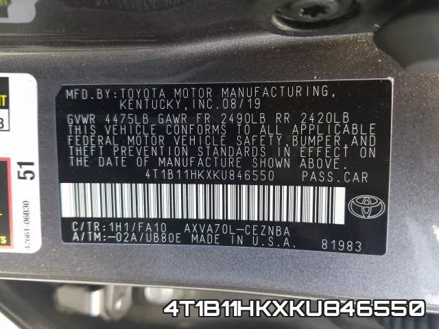 4T1B11HKXKU846550 фото 2