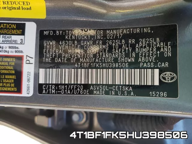 4T1BF1FK5HU398506 фото 2