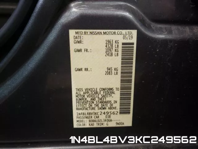 1N4BL4BV3KC249562 фото 2