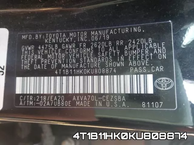 4T1B11HK0KU808874 фото 2