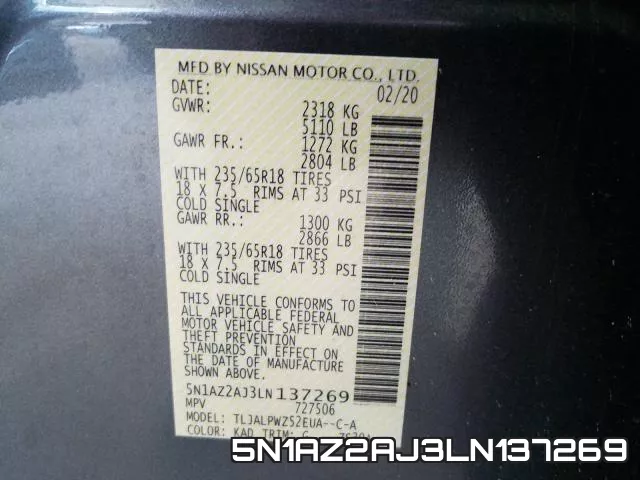 5N1AZ2AJ3LN137269 фото 2