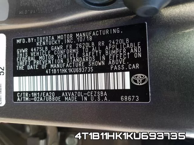 4T1B11HK1KU693735 фото 2
