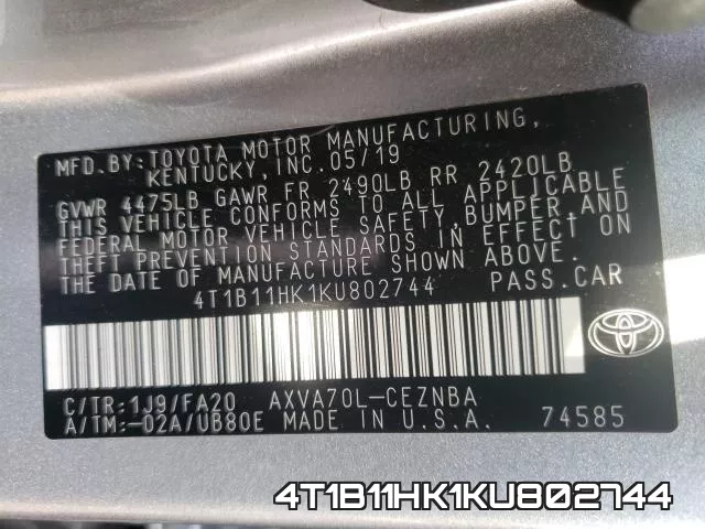 4T1B11HK1KU802744 фото 2