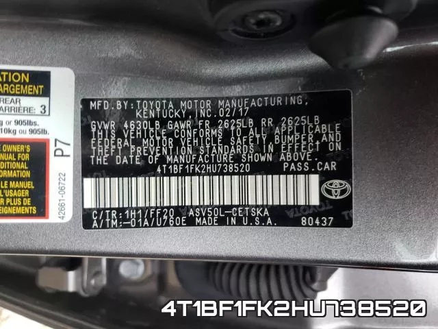 4T1BF1FK2HU738520 фото 2