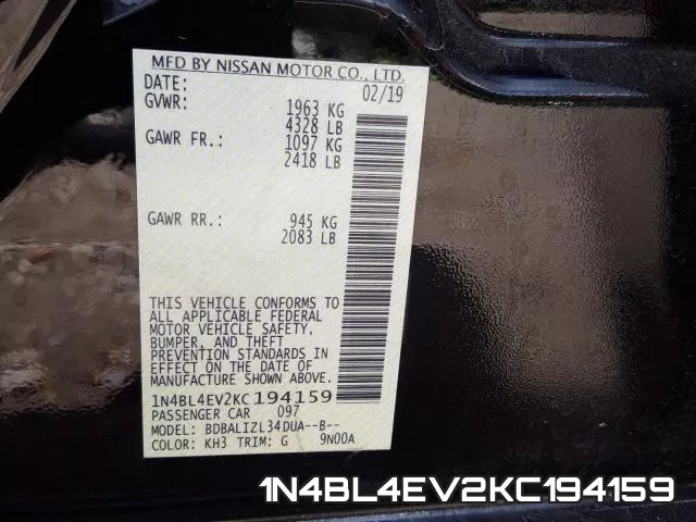 1N4BL4EV2KC194159 фото 2