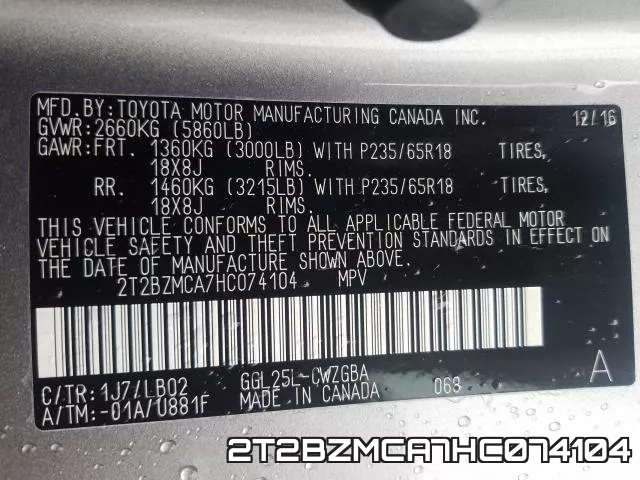 2T2BZMCA7HC074104 фото 2