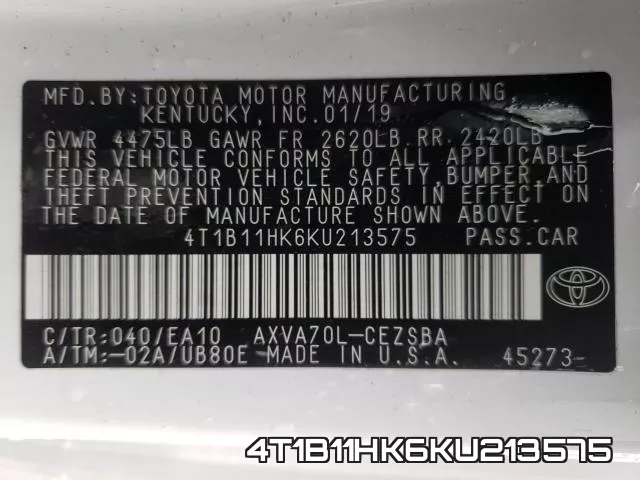 4T1B11HK6KU213575 фото 2