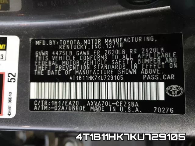 4T1B11HK7KU729105 фото 2