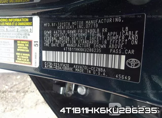 4T1B11HK6KU286235 фото 10