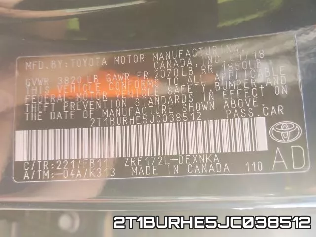 2T1BURHE5JC038512 фото 2