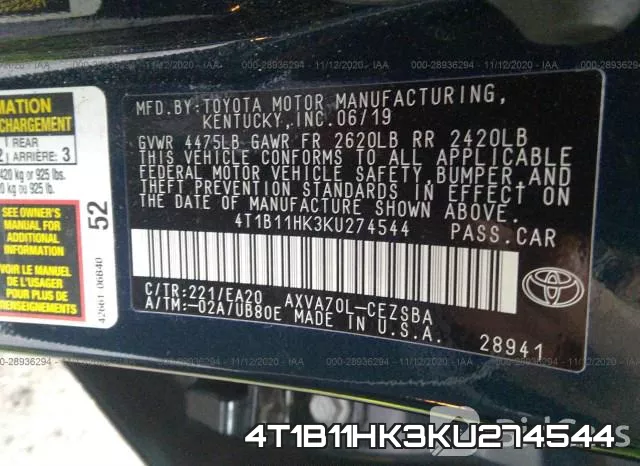4T1B11HK3KU274544 фото 10