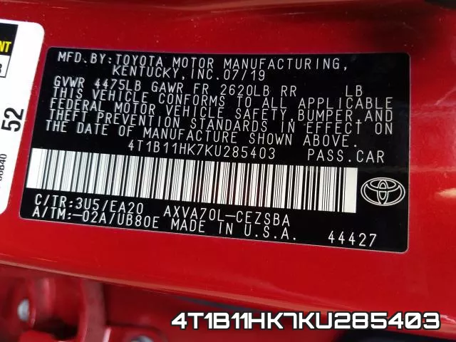 4T1B11HK7KU285403 фото 2