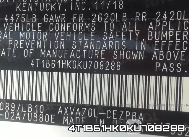 4T1B61HK0KU708288 фото 9