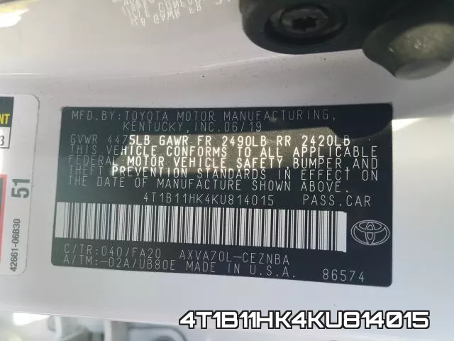 4T1B11HK4KU814015 фото 2